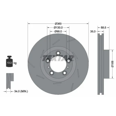 Imagem de TEXTAR 92213905 Disco de travão 360 36 05/07 130 fendido, interior ventilado revestido alto carbono sem pernos fixação da roda, cubo roda
