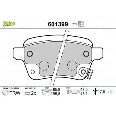 Imagem de VALEO 601399 Jogo de pastilhas para travão disco Eixo traseiro incl. contacto aviso desgaste com chapa anti ruído guias