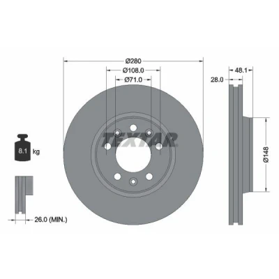 Imagem de TEXTAR PRO 92156903 Disco de travão 280 28 05/08 108 interior ventilado revestido sem pernos fixação da roda, cubo roda