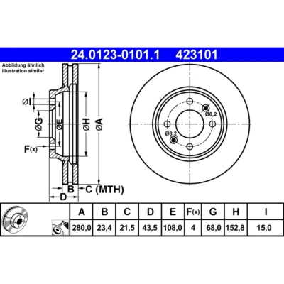 Imagem de ATE 24.0123 0101.1 Disco de travão 280,0 23,4 4 108,0 ventilado revestido SAAB: 9000 Hatchback