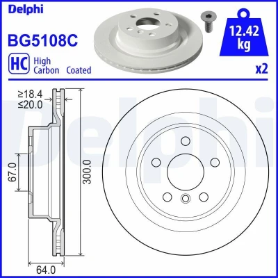Imagem de Disco de travão DELPHI BG5108C voltar/ventilado/altamente carbonizado/1 peça