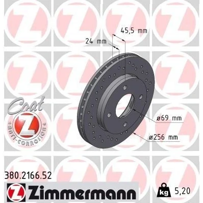 Imagem de ZIMMERMANN SPORT COAT Z 380.2166.52 Disco de travão 256 24 4/4 4 114 ventilado fora, perfurado revestido alto carbono MITSUBISHI: COLT 6