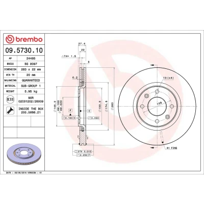 Imagem de BREMBO 09.5730.10 Disco de travão 283 22 4 interior ventilado com parafusos CITROËN: Xsara Carrinha, Xantia Hatchback, Hatchback
