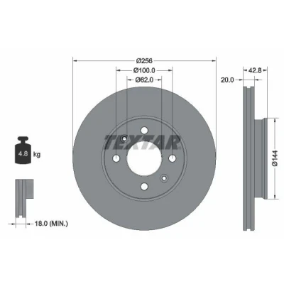 Imagem de TEXTAR 92295403 Disco de travão 256 20 04/06 100 interior ventilado revestido sem pernos fixação da roda, cubo roda KIA: Picanto III