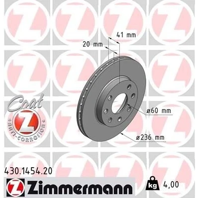 Imagem de ZIMMERMANN COAT Z 430.1454.20 Disco de travão 236 20 7/4 4 100 interior ventilado revestido OPEL: Corsa B Hatchback, Van, Astra F CC