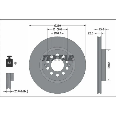 Imagem de TEXTAR 92342603 Disco de travão 280 22 05/12 100 interior ventilado revestido sem o rolamento da roda, pernos fixação cubo roda