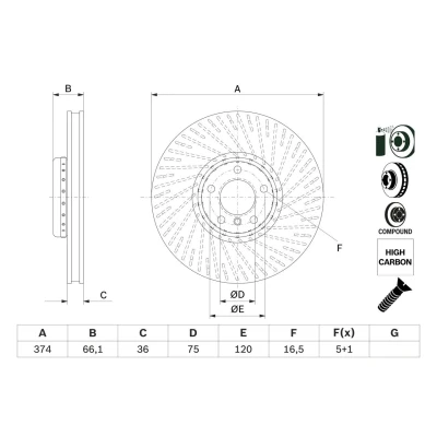 Imagem de BOSCH 0 986 479 E63 disco de travão 374 36 5 120 duas peças, ventilado revestido alto carbono com parafusos BMW: 7, GT