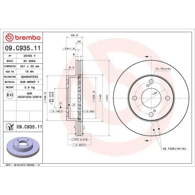 Imagem de BREMBO 09.C935.11 Disco de travão 231 20 4 interior ventilado revestido
