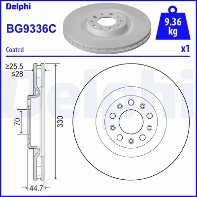 Imagem de DELPHI BG9336C Disco de travão 330 28 5 ventilado revestido não tratado sem o rolamento da roda, anel sensor do ABS ALFA ROMEO: Giulia Sedan