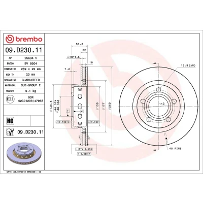 Imagem de BREMBO 09.D230.11 Disco de travão 269 22 5 interior ventilado revestido alto carbono VOLKSWAGEN: Passat B5 GP Sedan, Variant