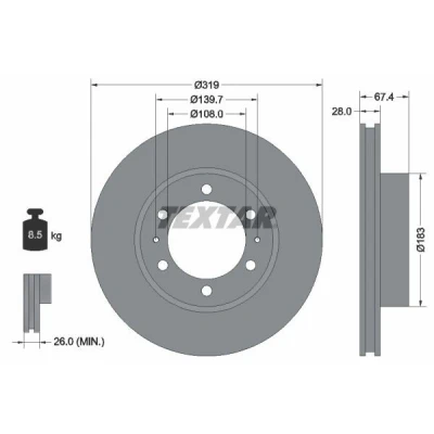 Imagem de TEXTAR PRO 92274903 Disco de travão 319 28 06/08 139,7 interior ventilado revestido sem pernos fixação da roda, cubo roda