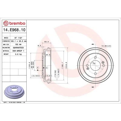 Imagem de BREMBO 14.E968.10 Tambor de Travão sem jogo rolamentos roda 180,1mm KIA: Picanto II