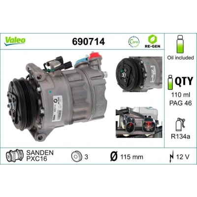 Imagem de VALEO 690714 compressor PXC16 12 PAG 46 R 134a com óleo de VOLVO: XC60 I, S60 II, S80 II