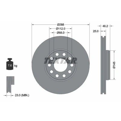 Imagem de TEXTAR PRO+ 92121005 Disco de travão 288 25 05/10 112 ventilado fora revestido alto carbono sem pernos fixação da roda, cubo roda