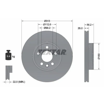 Imagem de TEXTAR PRO+ 92109905 Disco de travão 313 26 05/06 112 interior ventilado revestido alto carbono sem pernos fixação da roda, cubo roda
