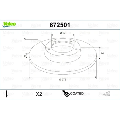 Imagem de VALEO 672501 Disco de travão Eixo traseiro 276 9 5 cheio revestido MERCEDES BENZ: Classe A, B