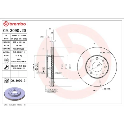 Imagem de BREMBO 09.3090.20 Disco de travão 236 20 4 interior ventilado com parafusos CHEVROLET: Aveo / Kalos Hatchback, Spark, Sedan