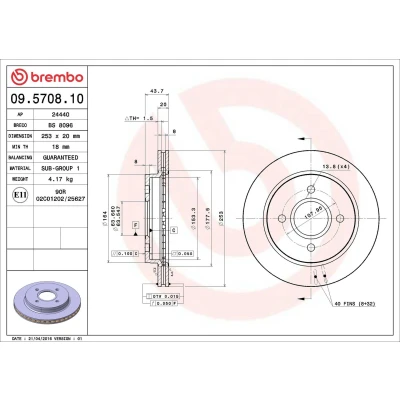 Imagem de BREMBO 09.5708.10 Disco de travão 253 20 4 interior ventilado FORD: MONDEO 2, 1 Kombi,