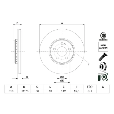 Imagem de BOSCH 0 986 479 G34 disco de travão 318 30 5 112 duas peças, perfurado/ventilado revestido ligado/alto carbono com parafusos
