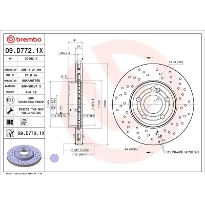 Imagem de BREMBO Disco de travão MERCEDES BENZ: Classe A, CLA Coupe, Shooting Brake 295mm 24mm 5 perfurado/ventilado revestido alto carbono 09.D772.1X