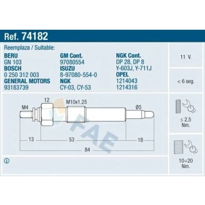 Imagem de FAE 74182 Vela incandescente 11V M 10x1.25 OPEL: Corsa B Hatchback, Astra F Caravan, Vectra Sedan