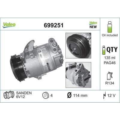 Imagem de VALEO 699251 compressor 6V12 12 PAG 46 R 134a com óleo de NEW ORIGINAL PART OPEL: Astra G CC, Corsa D Hatchback, Caravan
