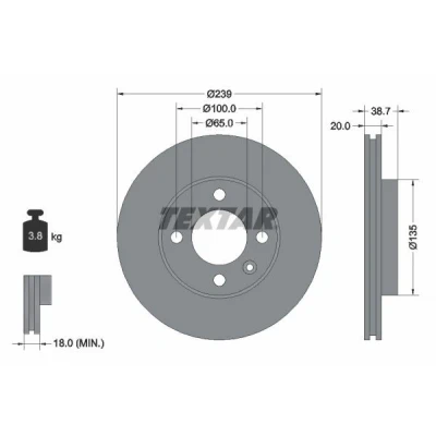 Imagem de TEXTAR PRO 92012103 Disco de travão 239 20 04/05 100 interior ventilado revestido sem pernos fixação da roda, cubo roda VOLKSWAGEN: GOLF 3