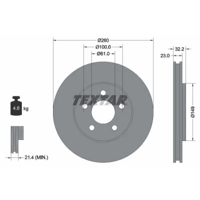 Imagem de TEXTAR PRO 92271603 Disco de travão 260 23 05/05 100 interior ventilado revestido sem pernos fixação da roda, cubo roda