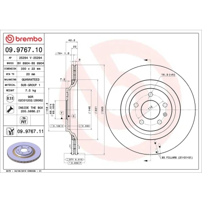 Imagem de BREMBO COATED DISC LINE 09.9767.11 Disco de travão 330 22 5 interior ventilado revestido com parafusos AUDI: A6 C6 Avant, Sedan, Allroad