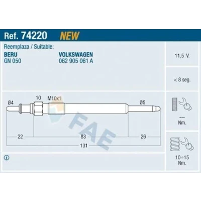 Imagem de FAE 74220 Vela incandescente 11,5V M10x1 VOLKSWAGEN: LT 28 46 2 Kasten