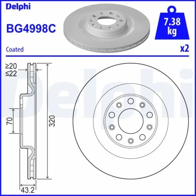 Imagem de DELPHI BG4998C Disco de travão 320 22 5 ventilado revestido não tratado sem o rolamento da roda, anel sensor do ABS ALFA ROMEO: Giulia Sedan