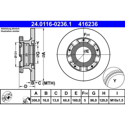 Imagem de ATE 24.0116 0236.1 Disco de travão 308,0 16,0 5 160,0 cheio revestido com anel sensor do ABS FORD: Transit Custom V362 Van