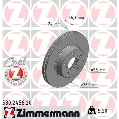 Imagem de ZIMMERMANN Disco de travão SUBARU: Impreza I Sedan, II Sedan COAT Z 260mm 24mm 7/5 5furos 100mm interior ventilado revestido 530.2456.20