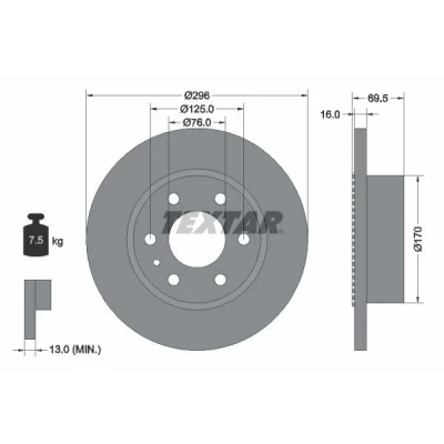 Imagem de TEXTAR 93177500 Disco de travão 296 16 06/07 125 cheio com anel sensor do ABS, sem pernos fixação da roda, cubo roda IVECO: DAILY 4