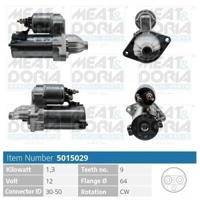 Imagem de MEAT &amp; DORIA 5015029 Motor de arranque 12V 1,3kW 9 30 50 64mm FIAT: Punto Evo Hatchback, II Doblo Van / Carrinha