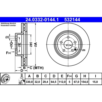 Imagem de ATE PowerDisc 24.0332 0144.1 Disco de travão 330,0 32,0 5 112,0 ventilado revestido ligado/alto carbono com parafusos MERCEDES BENZ: GLK