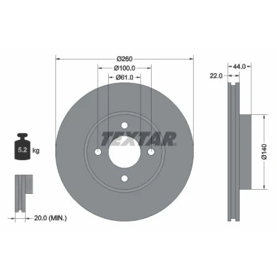 Imagem de TEXTAR PRO 92239903 Disco de travão 260 22 04/04 100 interior ventilado revestido sem pernos fixação da roda, cubo roda