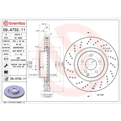 Imagem de BREMBO COATED DISC LINE 09.A732.11 Disco de travão 335 32 5 perfurado/ventilado revestido alto carbono com parafusos