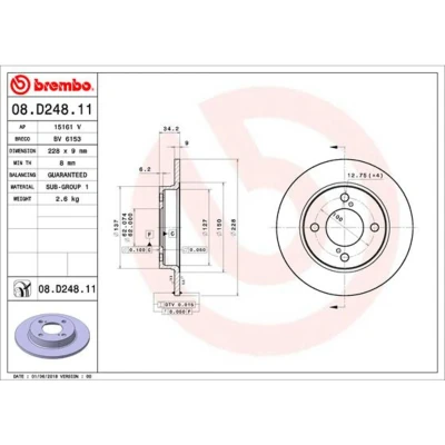 Imagem de BREMBO 08.D248.11 Disco de travão 228 9 4 cheio revestido SUZUKI: Baleno II Hatchback