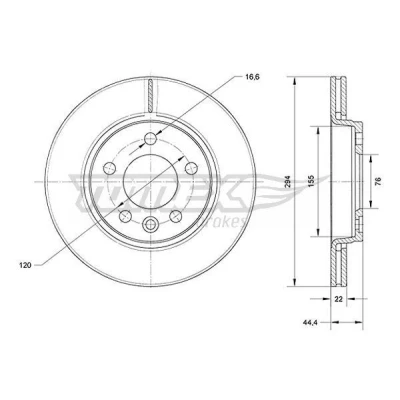 Imagem de TOMEX brakes Disco de travão VOLKSWAGEN: Transporter 5, 5 Bus, 6 Bus Eixo traseiro 294mm 22mm 120mm ventilado pintado