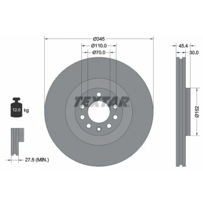 Imagem de TEXTAR PRO 92242403 Disco de travão 345 30 05/08 110 interior ventilado revestido sem pernos fixação da roda, cubo roda