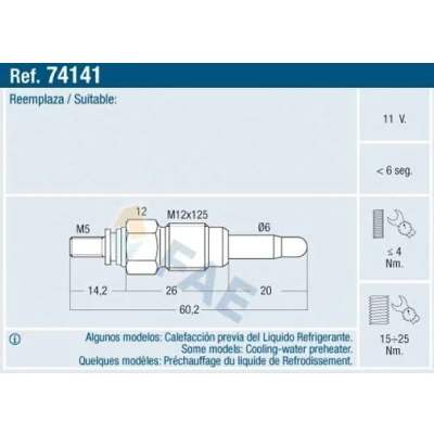 Imagem de FAE 74141 Vela incandescente 11V M12x125 VOLKSWAGEN: GOLF 3, TRANSPORTER 4 Bus, 2, AUDI: A3 Hatchback, A4 B6 Avant, Sedan, SEAT: Ibiza 2