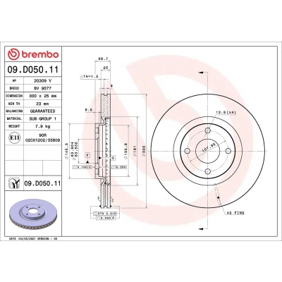 Imagem de BREMBO 09.D050.11 Disco de travão 300 25 4 interior ventilado revestido FORD: Ecosport Mk2