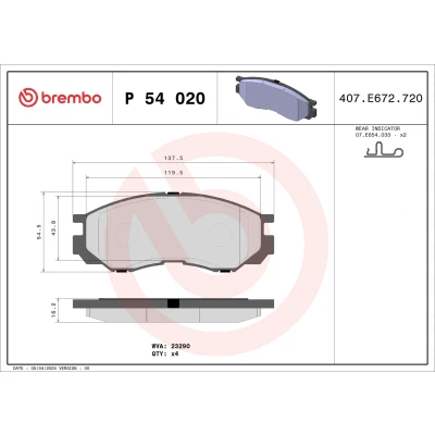 Imagem de BREMBO P 54 020 Jogo de pastilhas para travão disco com avisador sonoro desgaste sem acessórios MITSUBISHI: L200 III Pick up