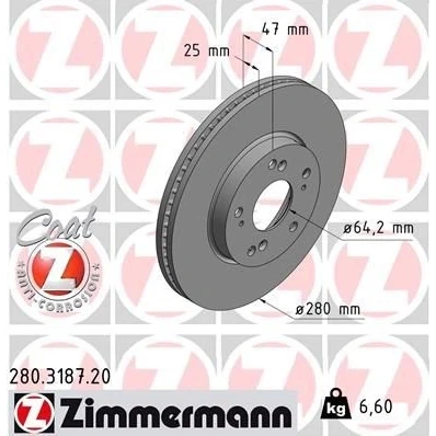 Imagem de ZIMMERMANN COAT Z 280.3187.20 Disco de travão 280 25 9/5 5 114 interior ventilado revestido HONDA: CIVIC 9, 10, 10 Stufenheck