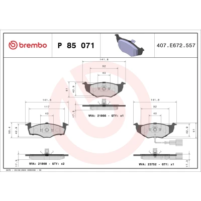 Imagem de BREMBO P 85 071 Jogo de pastilhas para travão disco incl. contacto aviso desgaste sem acessórios VOLKSWAGEN: Polo IV Hatchback