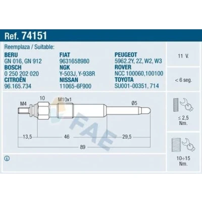 Imagem de FAE 74151 Vela incandescente 11V M10x100 PEUGEOT: 206 Hatchback, Partner I Van, 106 CITROËN: Saxo Hatchback