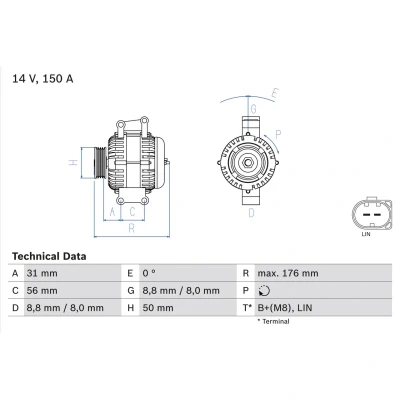 Imagem de BOSCH 0 986 047 150 Alternador 14V 150A MERCEDES BENZ: Classe C T modell, Sedan, CLS Coupe