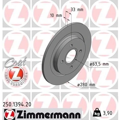 Imagem de ZIMMERMANN COAT Z 250.1394.20 Disco de travão 280 10 4/4 4 108 cheio revestido FORD: Focus Mk1 Hatchback, Carrinha