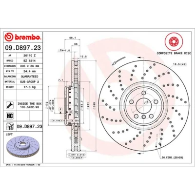 Imagem de BREMBO 09.D897.23 disco de travão 395 36 5 perfurado/ventilado, duas peças revestido alto carbono com parafusos BMW: 6 Gran Turismo